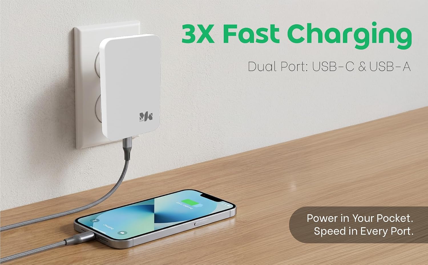 Aqan 65W Dual Port Fast Charger Plug, Ultra Slim USB C PD + USB A QC