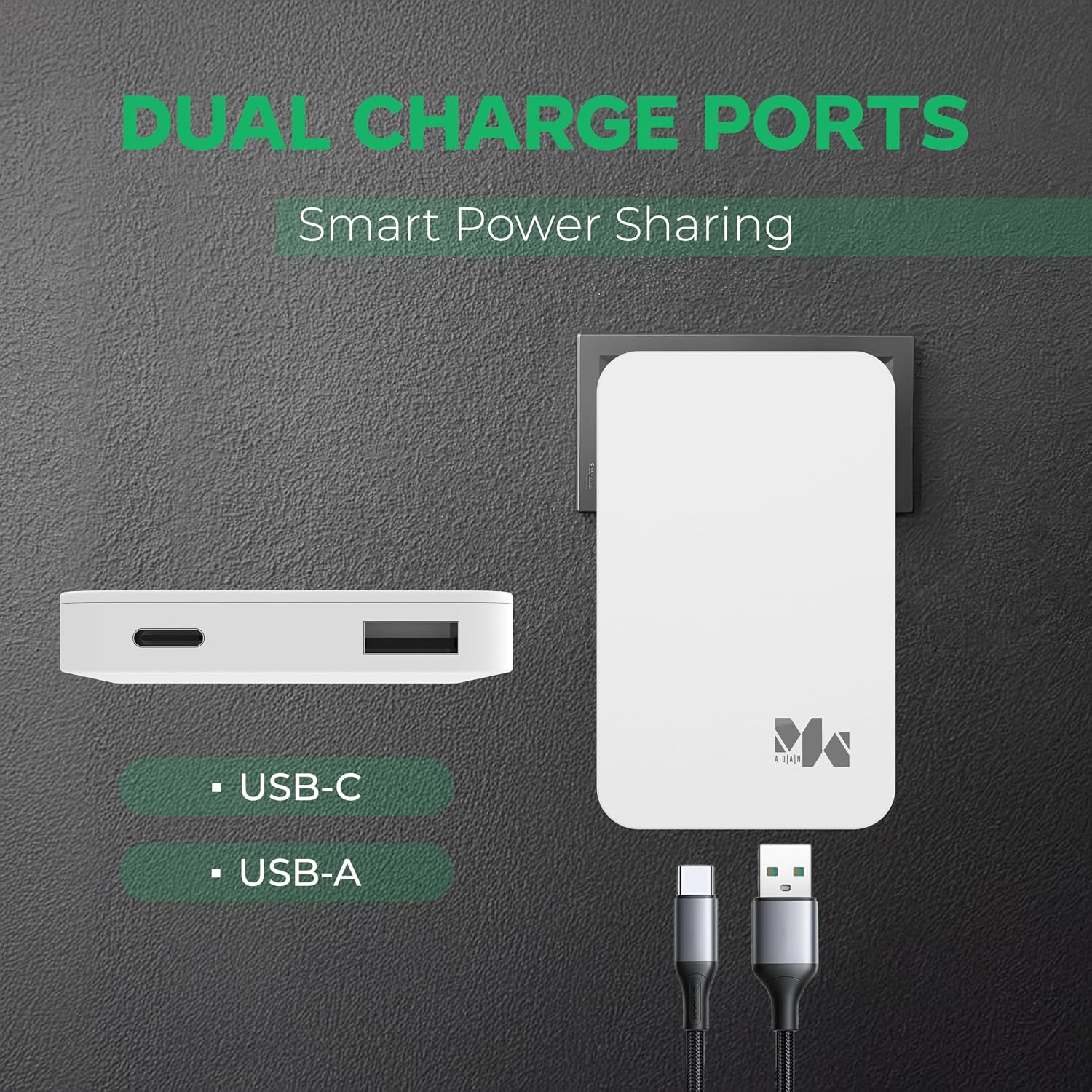 Aqan 65W Dual Port Fast Charger Plug, Ultra Slim USB C PD + USB A QC