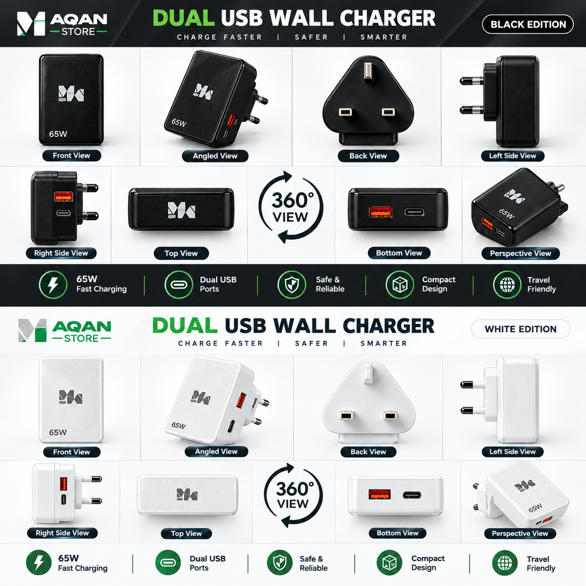 AQAAN 65W Dual USB-C Fast Charger
